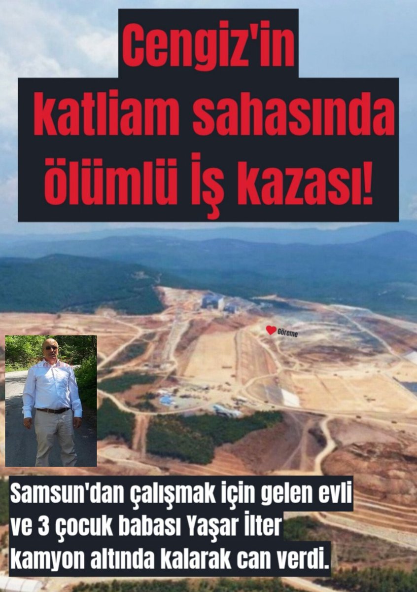 EkolojiKaz's tweet photo. Cengiz'in Kazdağlarındaki katliam sahası Halilağa Bakır Madeni'nde bir işçi bugün gece vardiyası bitiminde saat 04.00 sularında iş makinesi altında kalarak can verdi.

İşcinin evli ve 3 çocuk babası Yaşar İlter olduğu Samsun'dan çalışmak için Çanakkale'ye geldiği edinilen bilgilerden.

Halilağa Bakır Madeni'nin yaklaşık iki yıldır faaliyet gösterdiği alanda başından beri iş güvenliği konusunda yeterli önlemlerin almadığını defalarca söyledik!

Ağir yaralanmalı kazaların sıklıkla yaşandığı madende. çalışma vardiyası ikiye çekilip çalışma saatleri uzatılmıştı. Akşam üzeri 18.00'da başlayan gece vardiyası sabah 04.00e kadar devam ediyor.

Çalışma koşullarının ağırlığı, yeterli iş güvenliği sağlanamaması sonucu bir maden işçisi daha yaşamını kaybetti.

Doğanın, madenin kıyısında yaşayan köylülerin yaşam alanlarının, geçim kaynaklarının hiçe sayıldığı, ülkenin içinde bulunduğu ekonomik çıkmazda Samsun'dan Bayramiçe evlatlarının rızkını kazanmak için gelen bir babanın feci şekilde can vermesine neden olan bu sistem bir kişinin rantı uğruna hepimizin kaybettiği bir sistemdir.

Cengiz Holding'in Kazdağlarında katliam sahasının iş güvenliği açısından yeterli olmadığı ile ilgili Bayramiç Savcılığına verdiğimiz suç duyurularımız dikkate alınmamış inceleme başlatılmamıştır!

Madende bugün itibariyle çalışmalar durduruldu ve soruşturma başlatıldı. Kamuoyunun işçimizin ölümü ile ilgili detaylı olarak bilgilendirilmesini istiyoruz.

İşçimizin ailesine ve sevenlerine başsağlığı diliyoruz.