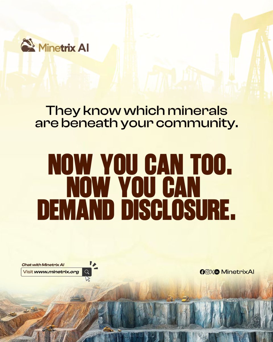 MinetrixAI's tweet photo. Communities deserve access to the same mineral intelligence that shapes billion-dollar decisions. Minetrix AI puts that information in your hands. 

It's time to ask questions, demand answers, and demand disclosure.

Visit https://t.co/7LR8vzKux6 https://t.co/LP9b2paqoh