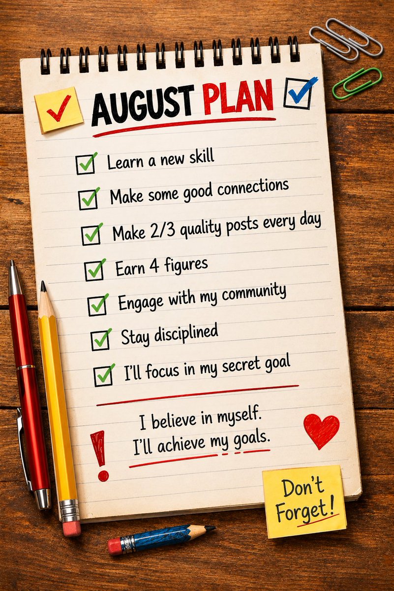 0xakashweb3's tweet photo. My August plan

>Learn a new skill
>Build good connections
>Post 2–3 quality posts every day
>Earn 4 figures
>Stay active with my community
>Stay disciplined
>Focus on my secret goal

I believe in myself. I will achieve my goals🫡 https://t.co/UXnqHxdNLe