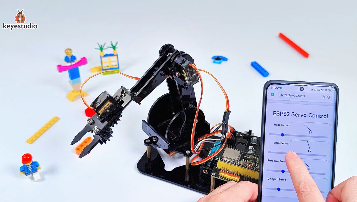 KeyestudioRobot's tweet photo. 🔓Unlock #keyestudio 🐞https://t.co/Zg4bU3l2hL

No joystick? No problem.

📱 Simply connect your phone to the same WiFi network as the ESP32 and start controlling your robot arm in seconds.
🚀Move, grab, experiment, and bring your robotics ideas to life from anywhere on your local network.

What's the first thing you'd teach it to pick up? 👇
 #ESP32 #Arduino #IoT #ESP32Projects #programming #Technology #coding #engineering #maker #tutorial #kit #Robotics #learning #electronics #STEM #diyproject #DIY #Python #stemeducation #robotica  #makecode #RobotArm #newproduct