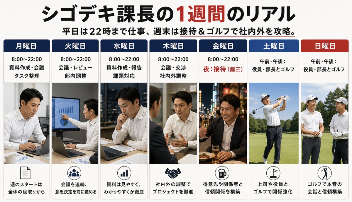 toyotamura_'s tweet photo. トヨタ系で「シゴデキなのに報われない」は、少ない。

私が係長だった頃、
上司の課長がとんでもないシゴデキだった。

平日は22時まで仕事。
週末は錦三で接待。
土日は部長や役員とゴルフ。
それでいて仕事は速いし、
資料はめちゃくちゃ綺麗で見やすい。

「この人、いつ休んでるんだ？」
と本気で思ってました。

その後、その上司は若くして専務に抜擢され、
最終的にはグループ会社の社長まで昇進。

トヨタ系を見てきて思うのは、
本当に仕事ができる人は、ちゃんと見られている。

だからシゴデキほど
「評価されないから転職する」
という構図になりにくいのかもしれない。

もちろん例外はあって、
エンジニア一本で尖った人は
「技術力」と「社内評価」が一致しないこともある。

でも管理職ルートでは、
シゴデキ → 評価される → 重要ポストへ → だから辞めない
この循環、トヨタ系には確かにあると思う。