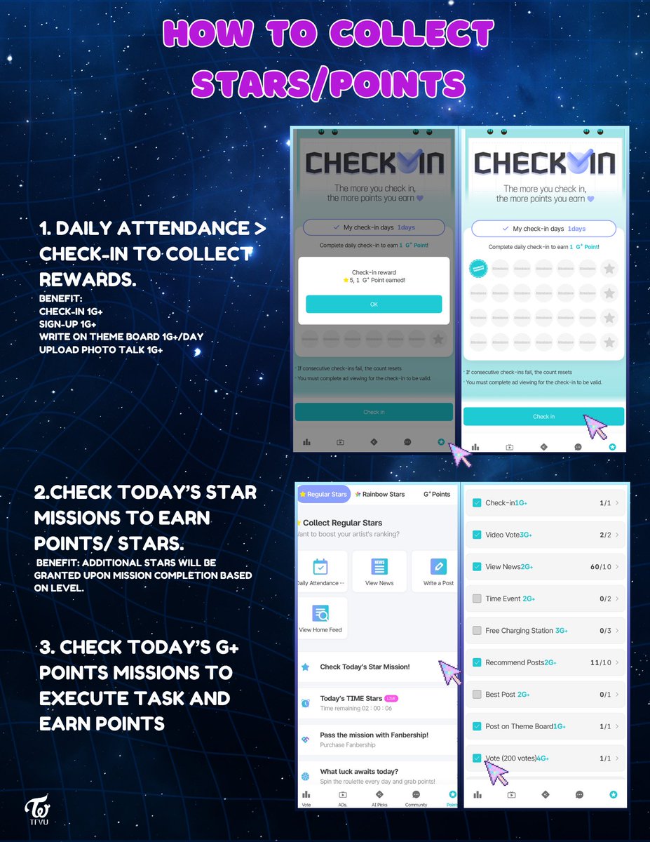 TFVUnion's tweet photo. Collect STARS & G+ POINTS
#TFVU_Guide #TWICE https://t.co/Q3lJqY6rXU