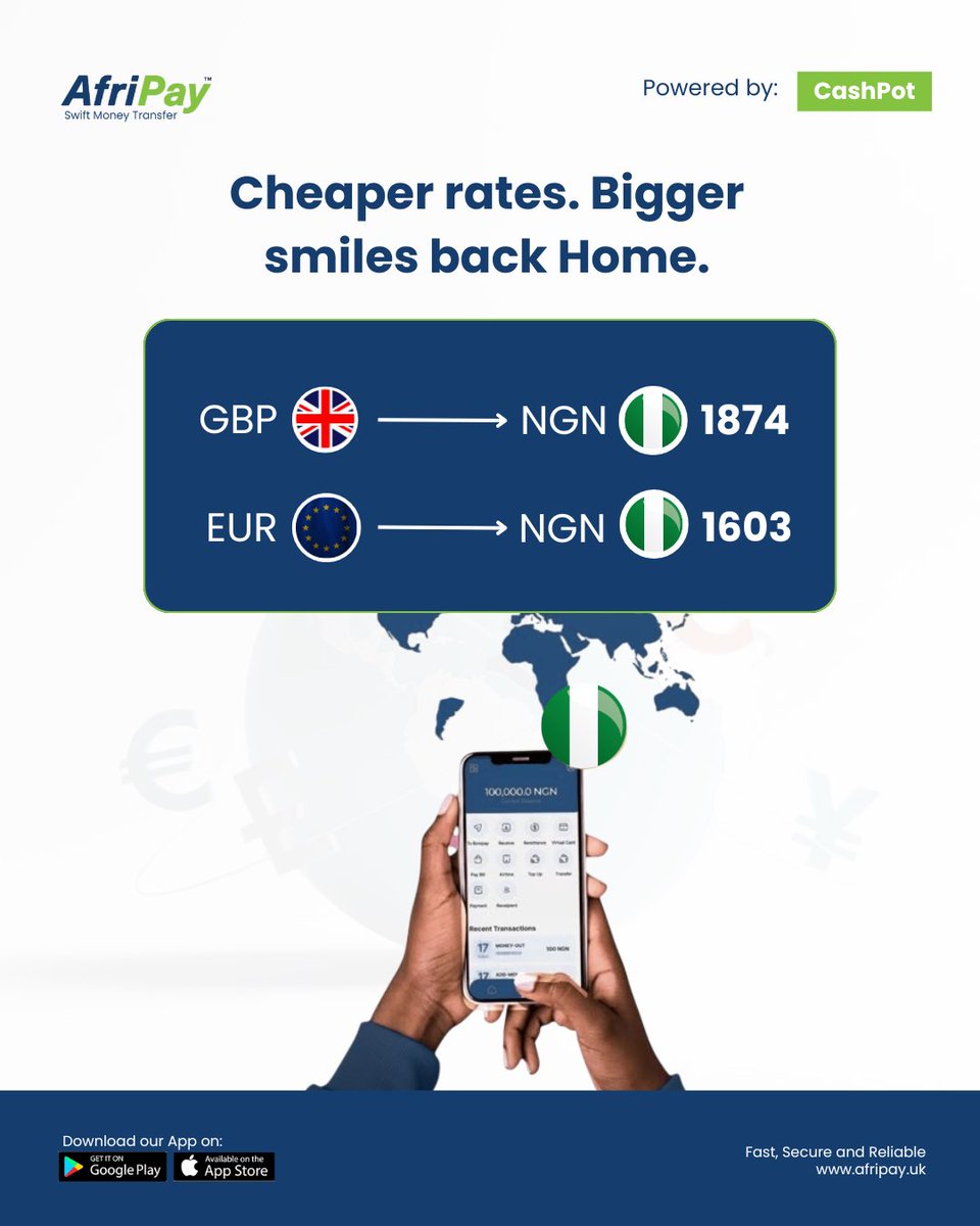 Afripay_Uk's tweet photo. The smile on their face starts with the rate you choose.

Send with AfriPay and let every transfer do a little more for the people who matter most.

Click the link in our bio to get started.

#Afripayeasypay #BetterRates #EuropetoAfrica #SupportHome #swiftmoneytransfer https://t.co/a9KHJjMb47