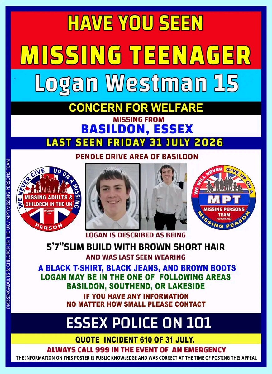 FreyjaBakke's tweet photo. Logan Westman 15 
BASILDON, ESSEX. 
LAST SEEN FRIDAY 31 JULY 2026 https://t.co/yuDqyG9fCp