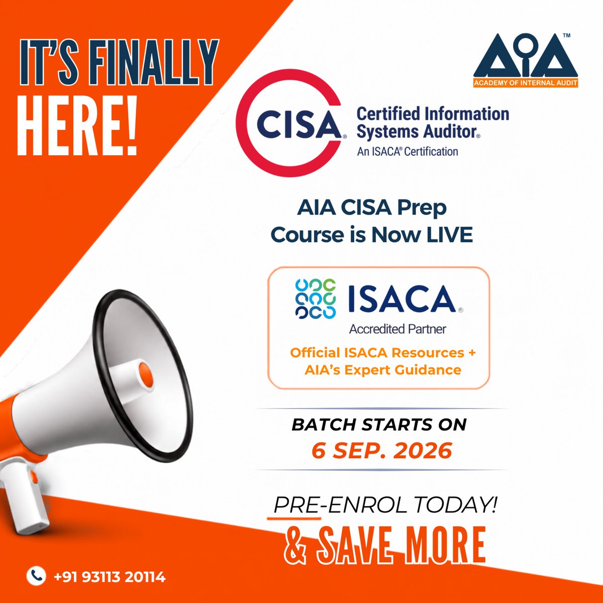 AcademyAudit's tweet photo. Now your wait is over! CISA at AIA.
This is your sign to add the CISA credential next to your name.🎓

Enquire today &amp; get hands-on early bird discount!🤩

📅 Batch: 6 September 2026

#CISA #CISACertification #CISAPrep #ISACA #InformationSystemsAudit #ITAudit #InternalAudit #AIA https://t.co/IvbvtzYuEW