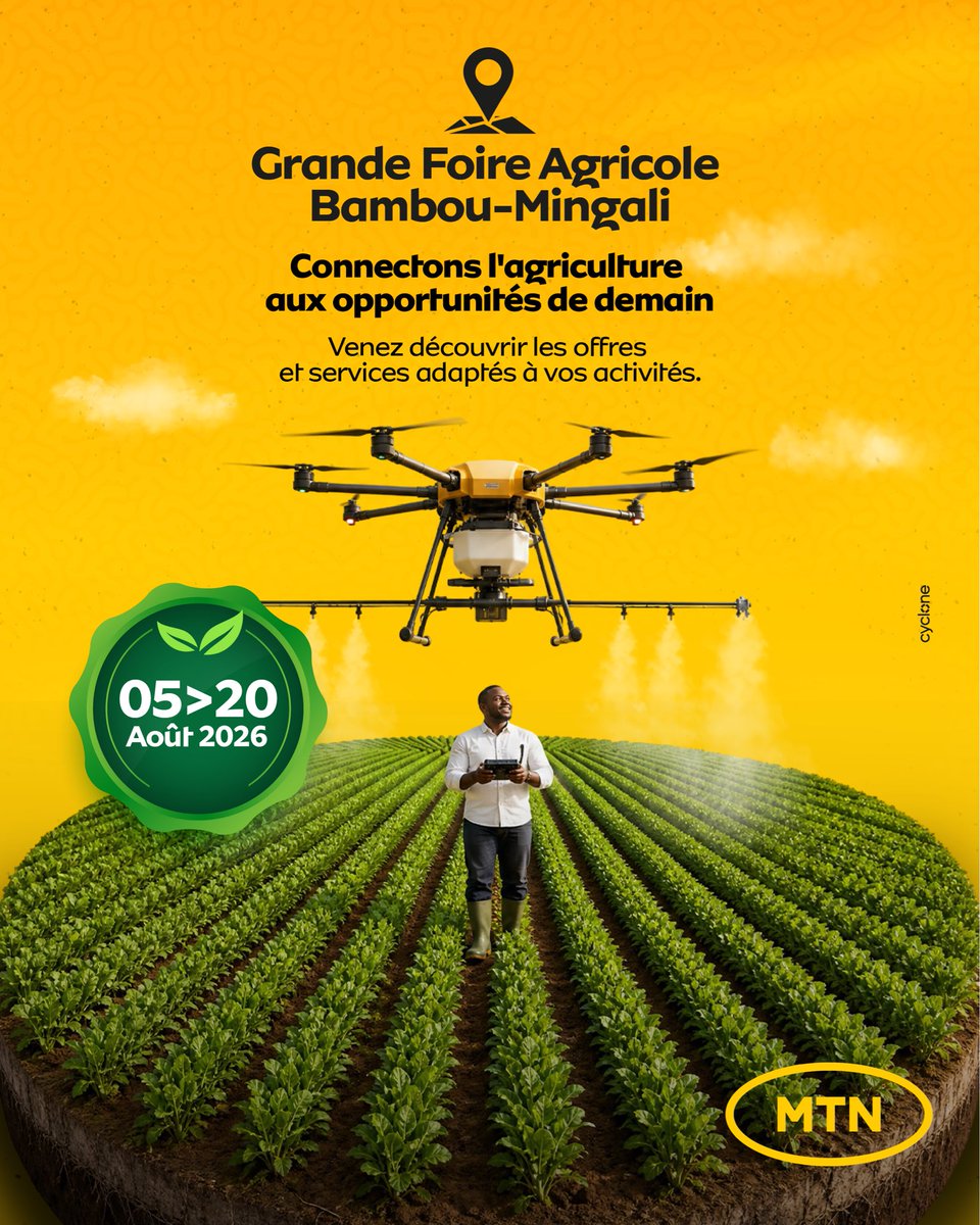 MTN_123's tweet photo. 🌱 L’agriculture évolue, et nous sommes fiers d’en faire partie.

Du 5 au 20 août, retrouvez MTN à la Grande Foire Agricole de Bambou-Mingali.

On se retrouve à Bambou-Mingali ! 💛🌾

#MTNCongo #GrandeFoireAgricole #Agriculture #Innovation https://t.co/Uv7laVts41