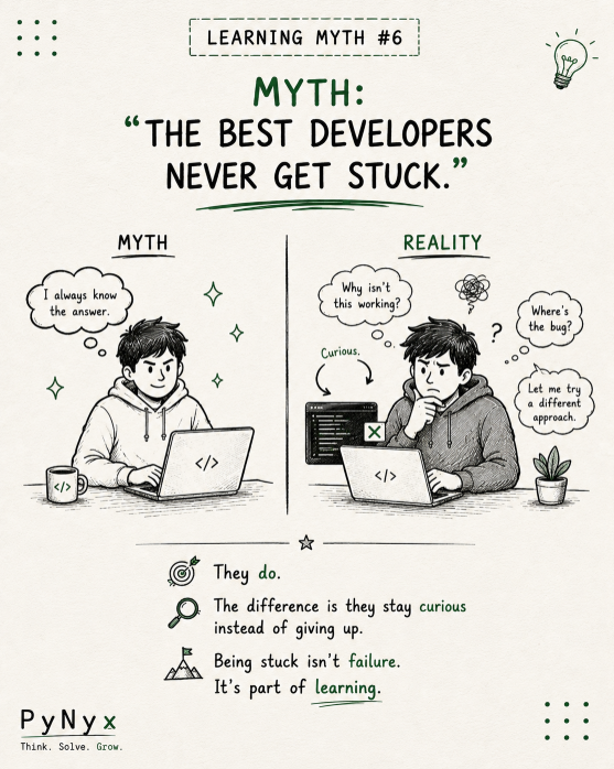 PyNyx_Official's tweet photo. Learning Myth #6
"The best developers never get stuck."
They do.
The difference is they stay curious instead of giving up.

Being stuck isn't failure.
It's part of learning.
#pynyx #fypシ゚viral 
https://t.co/RiWgj5MG8M https://t.co/GnMfVsGN35