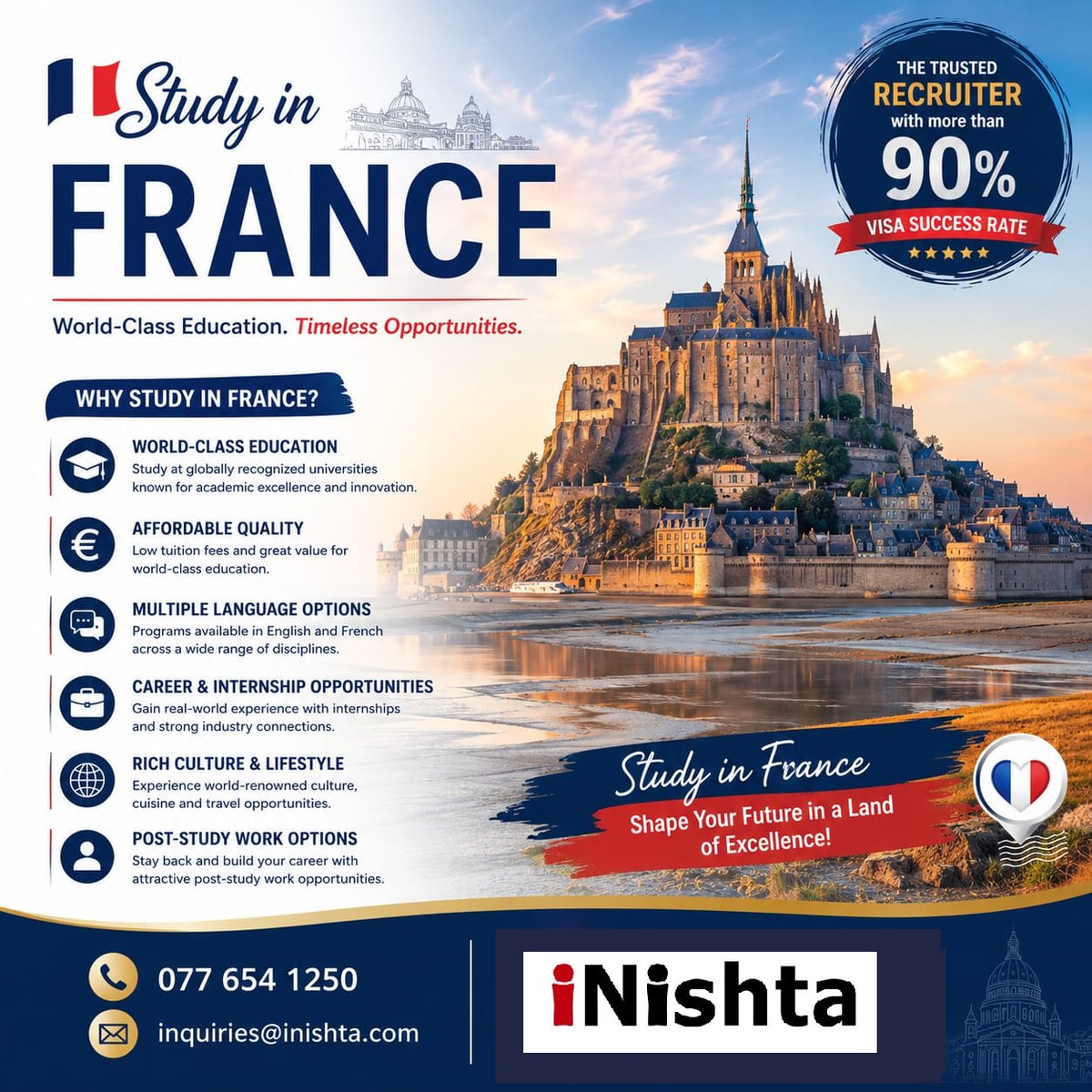 inishta's tweet photo. 🇫🇷 Study in France – Where Excellence Meets Opportunity

Why choose France?
-Globally recognised degrees
-Affordable tuition fees &amp;scholarship opportunities
-Over 1,600 English-taught programmes
-Part-time work opportunities while you study
-Experience life in the heart of Europe https://t.co/4Qj39Mqs1I