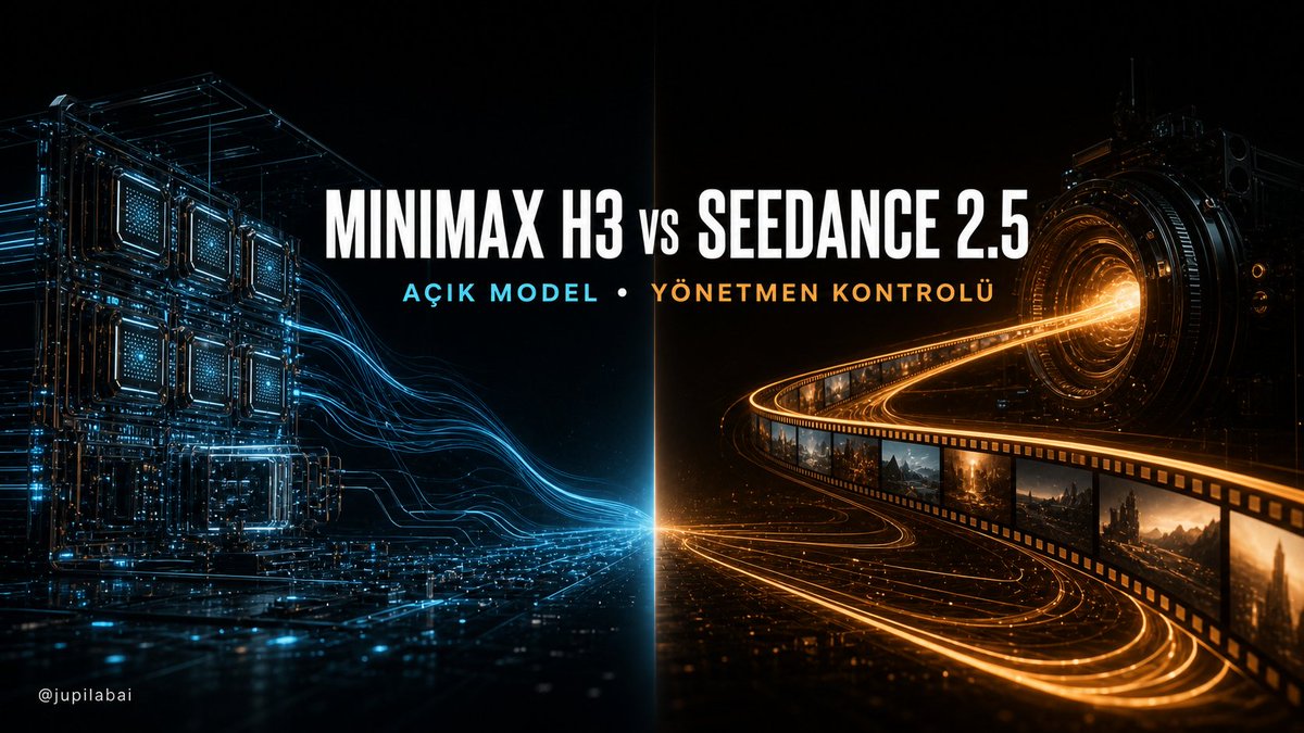 jupilabai's tweet photo. MİNİMAX H3 vs. SEEDANCE 2.5: HANGİSİNİ SEÇMELİ?

Yapay zekâ video yarışının iki güçlü modeli farklı yönlere oynuyor: MiniMax H3 açık ve özelleştirilebilir bir üretim altyapısı sunarken Seedance 2.5, yönetmen kontrolüne ve kullanıma hazır içerik üretimine odaklanıyor.

MİNİMAX H3

• 5–15 saniyelik video
• 2K çözünürlük ve 24 FPS
• Yerleşik stereo ses
• Metinden ve görselden video üretimi
• İlk/son kare kontrolü
• Referans video ve video içi düzenleme
• Açık model ağırlıkları
• ComfyUI, vLLM-Omni ve SGLang desteği
• Yerel veya özel altyapıda çalıştırabilme

H3’ün asıl gücü yalnızca görüntü kalitesi değil; kontrolün kullanıcıya geçmesi. Modeli kendi altyapında çalıştırabilir, iş akışını özelleştirebilir ve platform bağımlılığını azaltabilirsin. Ancak güçlü donanım gerektirdiği için “açık model” olması, herkesin bilgisayarında kolayca çalışacağı anlamına gelmiyor.

SEEDANCE 2.5

• Tek üretimde 30 saniyeye kadar video
• Bir istemde 50’ye kadar çok modlu referans
• Hassas kamera hareketleri
• Görsel üzerine kamera rotası çizme
• İlk ve son kare arasında akıcı geçiş
• Ritim, müzik ve hareket uyumu
• CapCut ve Dreamina ile bütünleşik üretim
• Uzun plan ve hikâye anlatımına odaklı yapı

Seedance 2.5’in avantajı ise üretim kolaylığı. Kamera hareketini görselin üzerine çizmek, çok sayıda referansı aynı sahnede kullanmak ve sonucu doğrudan CapCut içinde düzenlemek; modeli özellikle reklam, müzik videosu ve sosyal medya prodüksiyonu için güçlü hâle getiriyor.

PEKİ HANGİSİNİ SEÇMELİ?

Hızlıca finale yakın, 30 saniyelik ve yönetmen kontrollü bir video üretmek istiyorsan: Seedance 2.5.

Yerel çalışma, gizlilik, maliyet kontrolü, ComfyUI entegrasyonu ve özelleştirilebilir bir üretim hattı istiyorsan: MiniMax H3.

Benim önerim:

Profesyonel müşteri işleri, reklamlar ve müzik videoları için Seedance 2.5; deneysel üretim, özel iş akışları ve uzun vadeli bağımsızlık için MiniMax H3.

Burada tek bir mutlak kazanan yok. Asıl rekabet görüntü kalitesinden çok, iki farklı üretim yaklaşımı arasında:

Kapalı ama kolay ve yönetmen odaklı bir stüdyo mu?

Yoksa açık, özelleştirilebilir ve kontrolü kullanıcıya veren bir model mi?