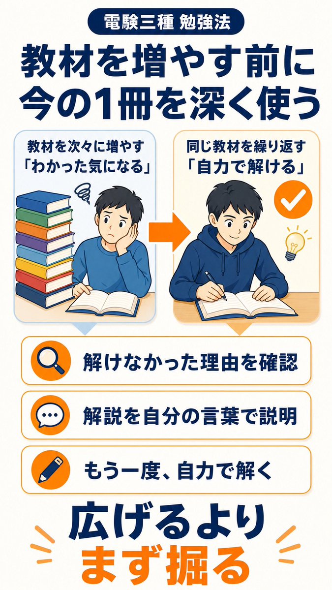 zimushokuno's tweet photo. 電験三種で伸び悩んだとき、教材を増やす前に今の1冊を深くやろう。

解けなかった理由まで説明できれば、同じ知識が別の問題でも使えます。

広げるより、まず掘る。

#電験三種 #資格勉強 https://t.co/uB1RkD1w3y