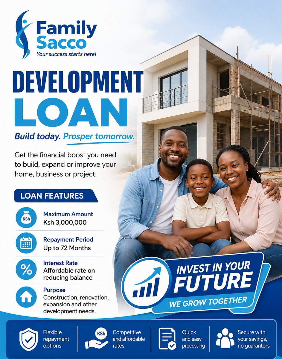 familysaccoltd's tweet photo. 🏗️ Build your future with Family Sacco!
Get up to Ksh 3M with our upgraded Development Loan:
✅ NEW 72-month repayment period
✅ Affordable rates on reducing balance
✅ Tailored for land, home & major projects
https://t.co/bOGZPINCul
#FamilySacco #DevelopmentLoan https://t.co/kUHbSNgn6d
