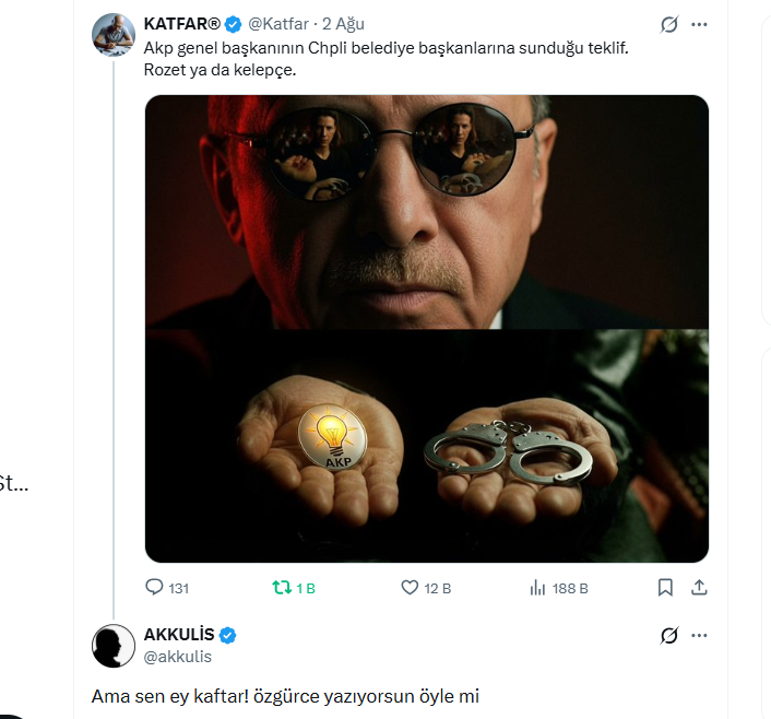 Katfar's tweet photo. 30'dan fazla mahkeme, 10'larca kez verdiğim ifade, defalarca gözaltı, atıldığım Metris ve Silivriceza evini saymazsak.
Evet özgürce yazıyorum baş trol. https://t.co/fSjcm59lsv