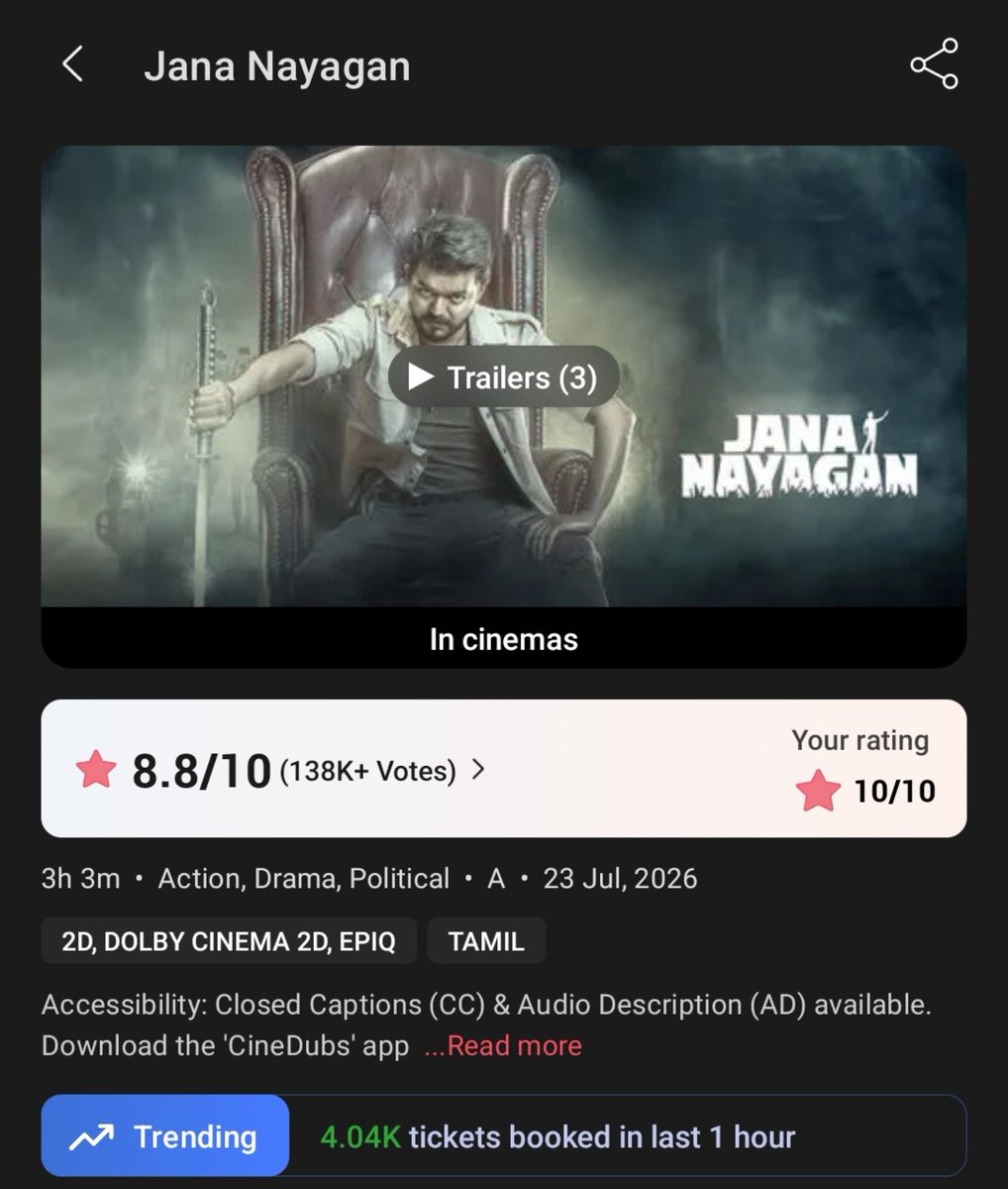 rajuvimal15's tweet photo. #JanaNayagan 20K tickets booked on bookmyshow as of 2PM 💥💥 https://t.co/s7YOBsr9tz