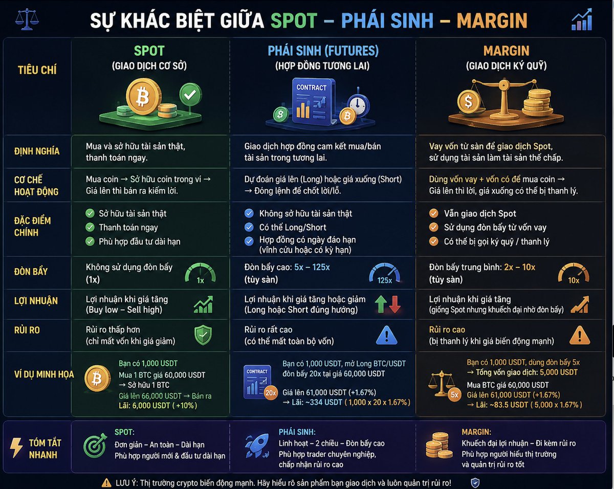 phamduydong179's tweet photo. 🚨Giao dịch giao ngay so với giao dịch phái sinh trong tiền điện tử: Hướng dẫn dành cho người mới bắt đầu về sự khác biệt

📊 Trong crypto, có 2 cách giao dịch phổ biến nhất: Spot và Phái sinh (Derivatives) và Margin (ít phổ biến hơn). 

🔹 Spot: Bạn mua và sở hữu tài sản thật (BTC, ETH...), không có đòn bẩy, không bị thanh lý và phù hợp với chiến lược đầu tư dài hạn.

🔹 Phái sinh: Bạn giao dịch hợp đồng dựa trên biến động giá, có thể Long hoặc Short, sử dụng đòn bẩy để khuếch đại lợi nhuận nhưng cũng làm tăng đáng kể rủi ro. Chỉ một biến động nhỏ cũng có thể dẫn đến thanh lý toàn bộ vị thế.

🔹 Marigin: Margin trading hay giao dịch ký quỹ là hình thức đầu tư sử dụng đòn bẩy tài chính bằng cách vay tiền từ sàn giao dịch hoặc công ty môi giới để mua bán tài sản với số vốn lớn hơn thực tế. Phương pháp này giúp khuếch đại lợi nhuận nhưng cũng làm tăng mức rủi ro thua lỗ

Điều quan trọng là không có hình thức nào tốt hơn tuyệt đối. Spot phù hợp với nhà đầu tư muốn tích lũy tài sản, trong khi phái sinh phù hợp với người có kinh nghiệm, kỷ luật quản trị rủi ro và hiểu rõ cơ chế đòn bẩy, funding rate và thanh lý.

Trước khi nghĩ đến lợi nhuận, hãy chắc chắn bạn hiểu mình đang sở hữu tài sản hay chỉ đang giao dịch một hợp đồng. Sự khác biệt này có thể quyết định kết quả đầu tư của bạn.

#Bitcoin #Crypto #Trading #Investing