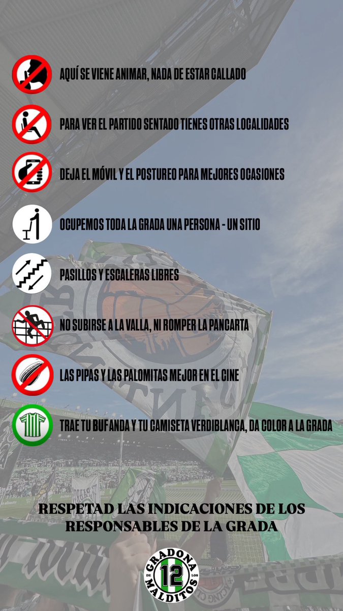GradonaMalditos's tweet photo. ¡Malditos! 

Dentro de 12 días comienza lo bueno, volvemos a casa. 

Para los nuevos miembros de la Gradona y los no tan nuevos os dejamos un recordatorio importante de las normas de nuestra grada. 

¡ARRONTI RACING! 💚🫂

@APR_Racing 
@realracingclub https://t.co/al0ySoyAYW