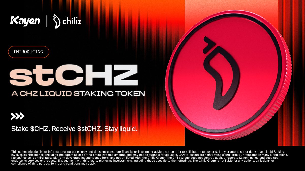 Chiliz's tweet photo. 𝐒𝐓𝐀𝐊𝐄 $CHZ, 𝐒𝐓𝐀𝐘 𝐋𝐈𝐐𝐔𝐈𝐃

Liquid staking has arrived on Chiliz Chain, introducing a more flexible way to stake and participate across the ecosystem.

Staking $CHZ gives you $stCHZ, a liquid token representing your staked position. Your $CHZ continues earning rewards, while $stCHZ allows you to remain liquid across DeFi.

Available exclusively through @KayenFinance.
🔗 https://t.co/2WYnc4KEh0