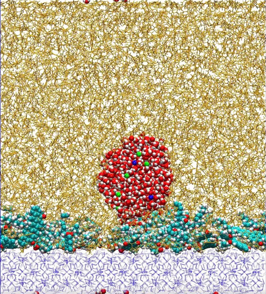 Simulation of the spontaneous rolling of brine droplets (NaCl and CaCl₂) on a methane–ethane hydrate surface coated with polycyclic aromatic hydrocarbons (PAHs) in pure toluene, as observed via molecular dynamics (MD) simulations run on ARCHER2. Image by Dr Anh Phan, Chemical and Process Engineering, University of Surrey 