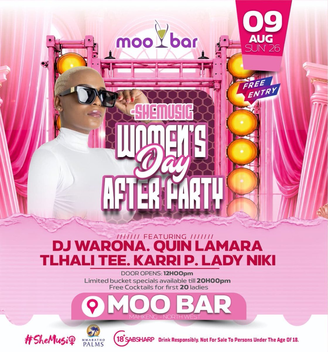 MmabathoPalms's tweet photo. Moo Bar Women's Day After Party

Join us at Moo Bar for the ultimate Women's Day After Party Featuring: DJ Warona, Quin Lamara, Tlhali Tee, Karri P, and Lady Niki.

Sunday, 09 August 2026 | Doors Open: 12h00

#MooBar #MmabathoPalms #WomensDayAfterParty https://t.co/opTpUajV0c