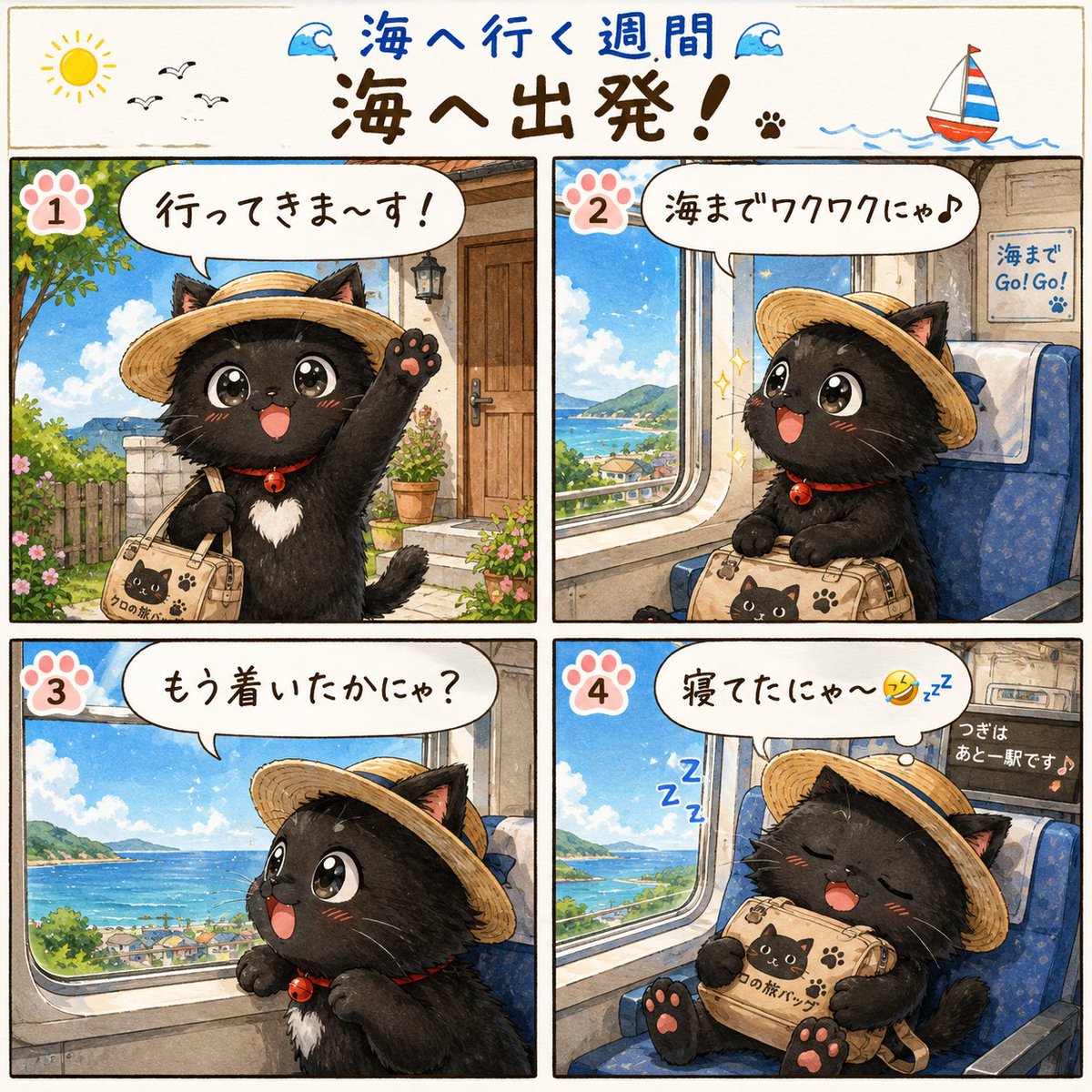 jun_blair_melon's tweet photo. おはにゃ〜🐈‍⬛🐾✨
今日はみんなで海へ出発！ どんな楽しいことが待っているかな？🚃🌊
今週もよろしくにゃ♪

#クロ #黒猫 #猫漫画 #4コマ漫画 #海 #夏 #イラスト #癒し https://t.co/ZLDf9ULIoM