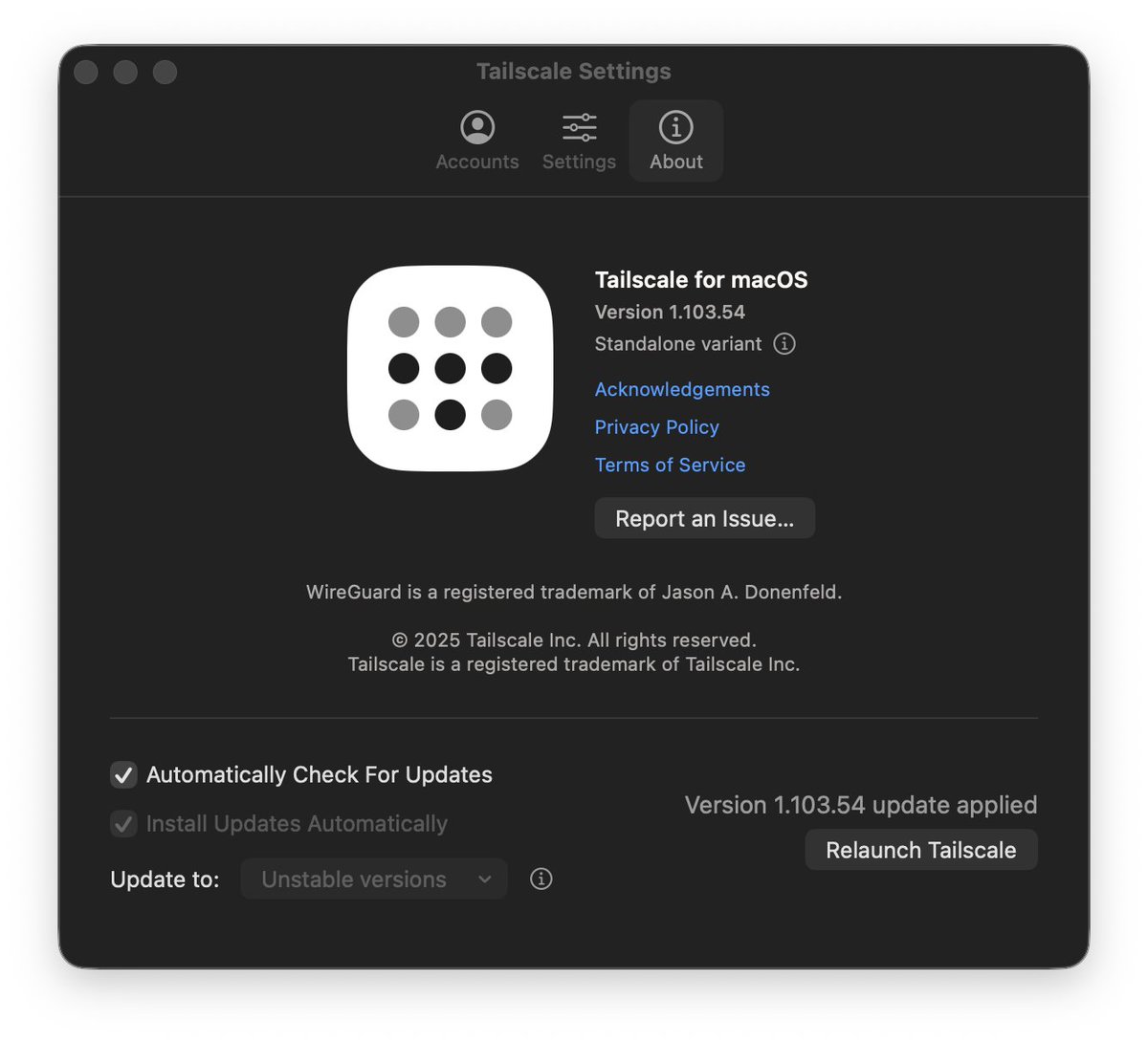 matttrighetti's tweet photo. From the icon I get the impression that there's still an update available, but there's none 🤔that won't change even after relaunching/quitting the app @Tailscale https://t.co/mOw5a1BGTr