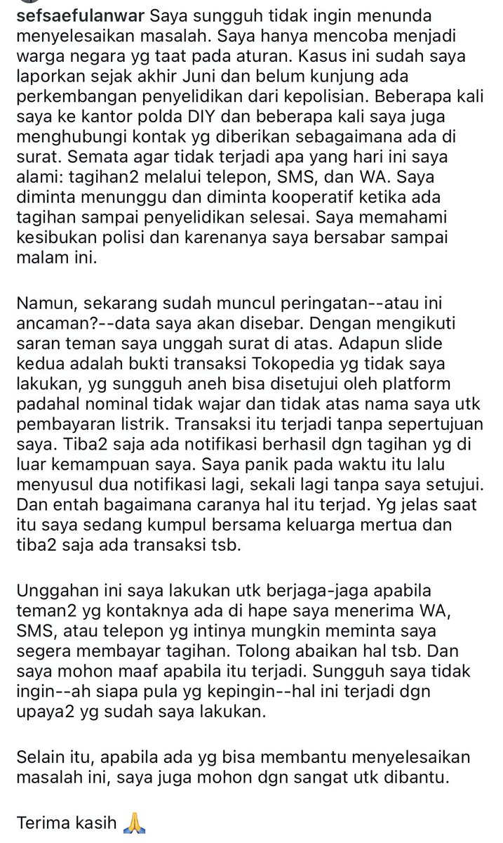 daruzarmedian's tweet photo. Saldo temanku tersedot terus menerus atas nama “tagihan listrik” sampai jutaan rupiah. Orangnya sudah lapor ke kepolisian dan sampai hari ini belum ada kejelasan. Bahkan sekarang ada semacam peringatan (atau ancaman?) data dirinya akan disebar.

Ada yang tahu ya ini harus lapor ke mana lagi? Ke PLN? Ke pihak Tokopedia? Atau harus gimana?