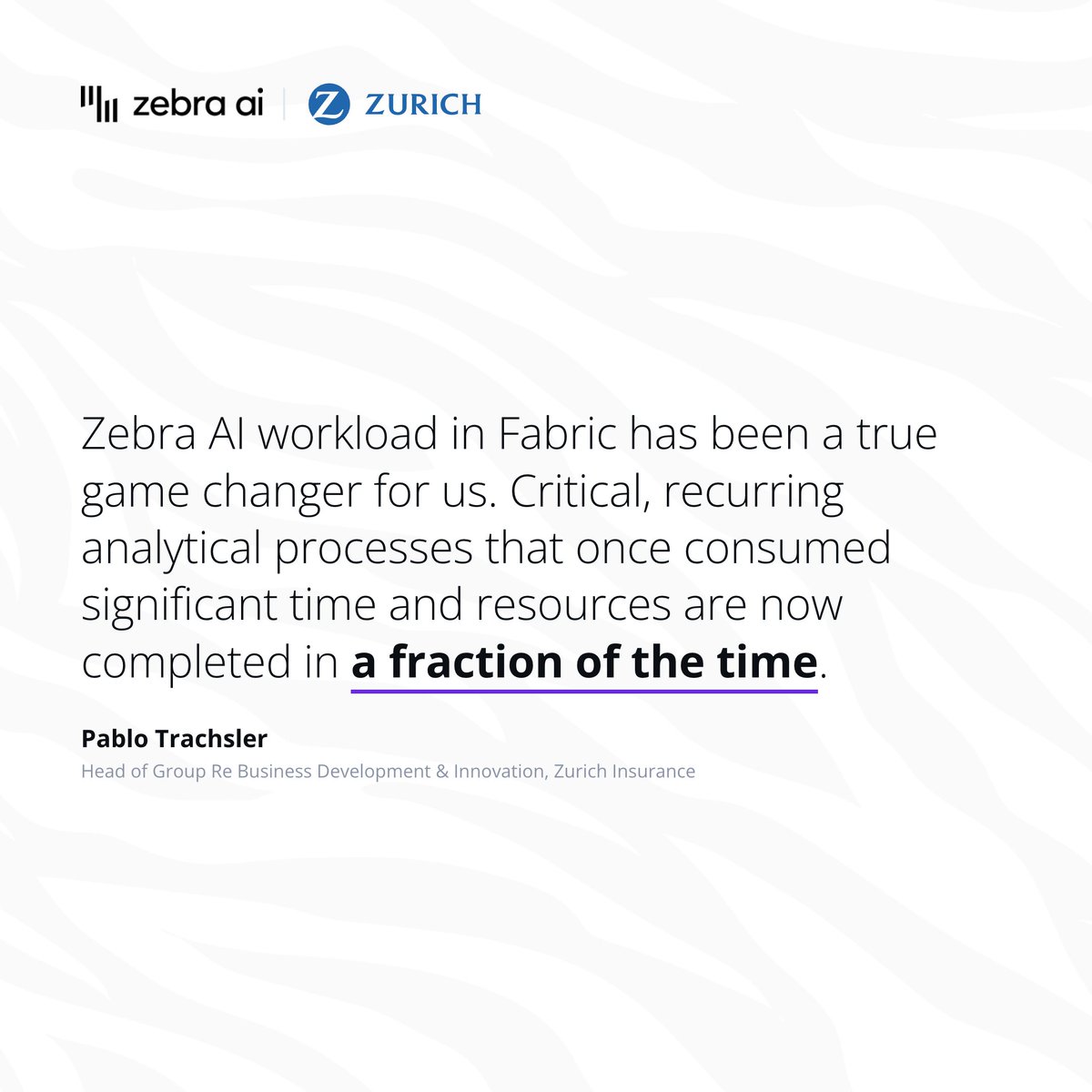 ZebraBI's tweet photo. Quarter close at a global insurance function is one of the most demanding reporting cycles in financial services. Fast turnaround, senior audience, no room for a story that doesn't hold up.

Zurich Insurance Group Reinsurance (Group Re) now runs that cycle on Zebra AI in Fabric, and the results speak for themselves.

Pablo Trachsler, Head of Business Development & Innovation, set it up on structured finance data running up to 200,000 rows and around 3 million datapoints.

He rebuilt the workflow from the ground up: update the data, refresh the narrative, review, publish.

What used to take significant manual effort across multiple platforms now runs in a fraction of the time. Same clarity. Same standards. Dramatically less friction.

And this is just the beginning. Zurich and Zebra AI are already expanding into more reporting cycles across the business.

Hear it straight from Pablo 👇

https://t.co/tzrDLztuEd

#CustomerWins #ZebraAI #LastMileAnalytics #MicrosoftFabric