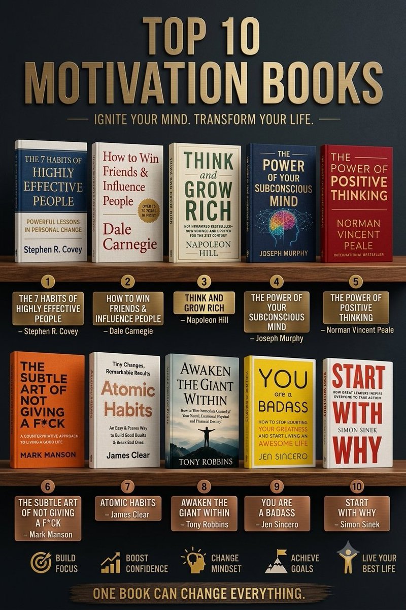 Juelrana8899's tweet photo. Books don't just change your mindset—they change your future. 

📚 Which one from this list has impacted your life the most? 

#Books #SelfImprovement #Motivation #Success https://t.co/sB2zcK7hcF