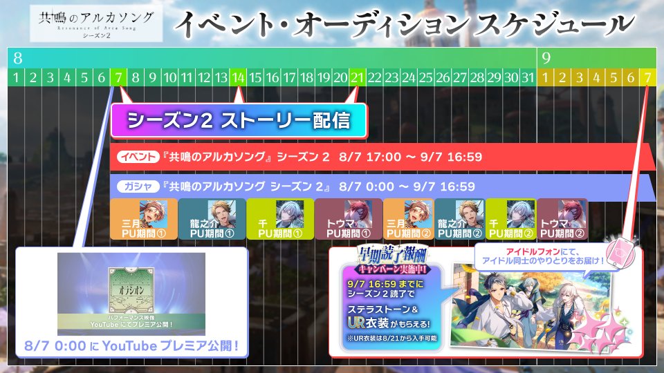 iD7Mng_Ogami's tweet photo. 【ゲーム情報】
『共鳴のアルカソング シーズン２』イベント &amp; オーディション開催中！
イベントの開催期間やストーリー配信日などのスケジュールをチェックして、ぜひ #アルカソング を存分にお楽しみください！
#アイナナ https://t.co/rHXOrPLuqn