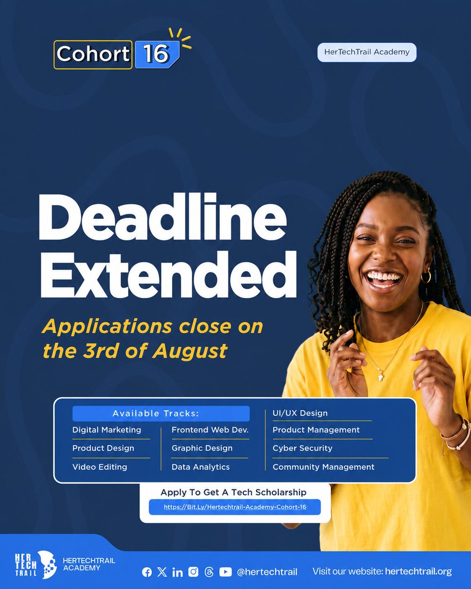 hertechtrail's tweet photo. BREAKING: The deadline has been extended! 
You asked, we listened 

The application deadline for the Cohort 16 tuition-free tech scholarship has been pushed to August 3rd!
That means you have today to secure your spot in a fully-funded tech program built for women. https://t.co/gPmXHDEh0C