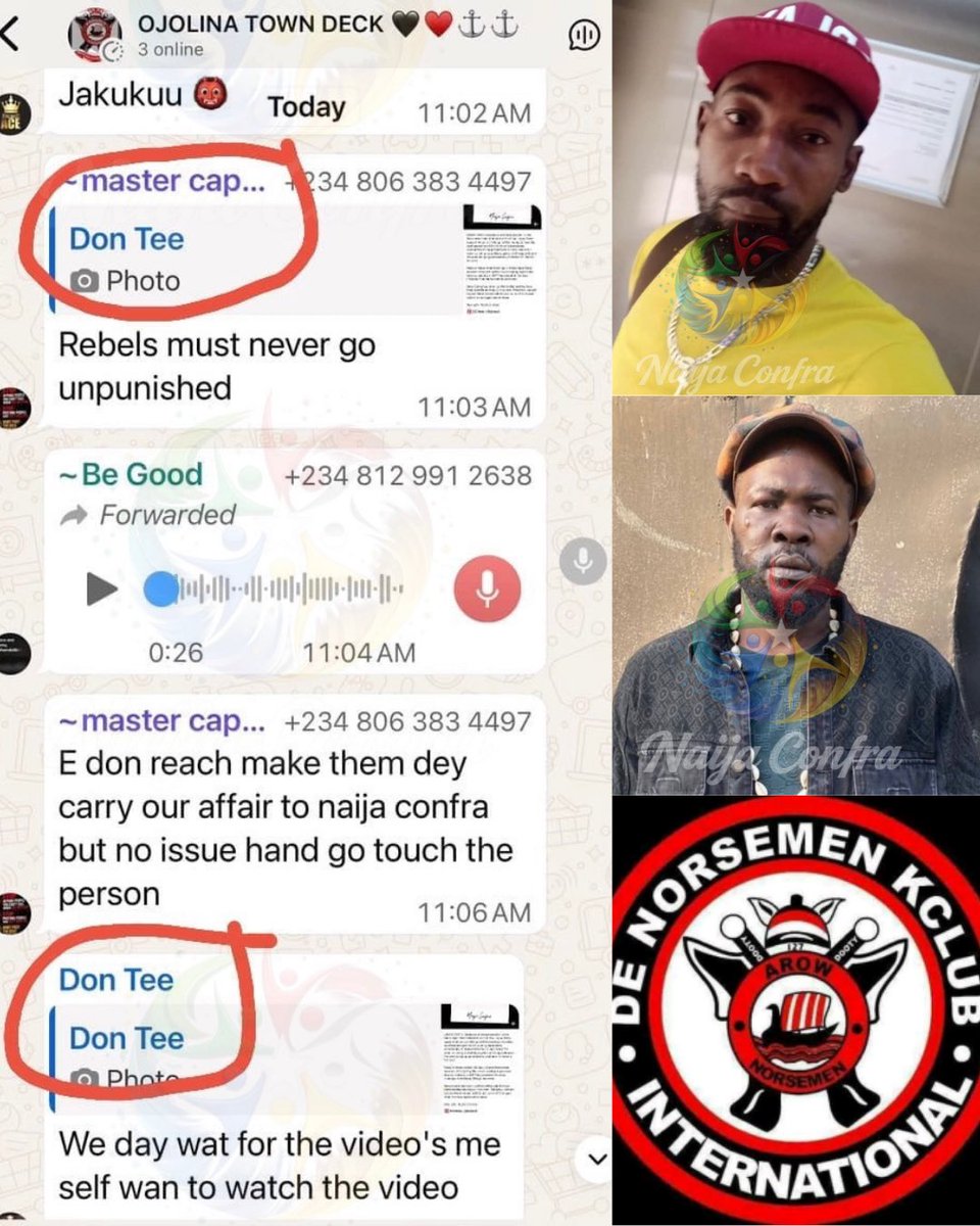 naijaconfra's tweet photo. LAGOS STATE: On August 1, 2026, Naija Confra promised the public that we would expose some Vikings (DNKI) criminals and hit squad leaders terrorizing the Alaba International Market area and the Ojo axis of Lagos State. Immediately after that initial post on August 1, there was panic inside their cult platform in Ojo (Ojolina Town Deck) as they did not know the extent of the evidence we had (we intentionally exposed the phone number). One of the main suspects, Douglas, alias Don T (top picture), can be seen on the platform saying that he was waiting for the video evidence we wanted to post. (Videos on TG)

Yesterday, August 2, we posted the videos they did not expect, and they are all on the run. However, the authorities will get them at the appropriate time for their crimes. While Don T has destroyed people’s lives and left many families in pain, he is building his own house at Egudu Baale in the Idologbo area of Agbara, Ogun State. The other Vikings criminal we mentioned, Amechi (lower picture), who lives at No. 3, Albert Essien Street in Igbo Elerin, Ojo, is also on the run and in hiding.

Naija Confra will keep working on their cases and tracking their activities. We hope other criminal cultists terr0rizing the Ojo area, and other parts of Nigeria, will learn from this and change their ways before their own time comes.

Reject Violence. Reject Cultism.