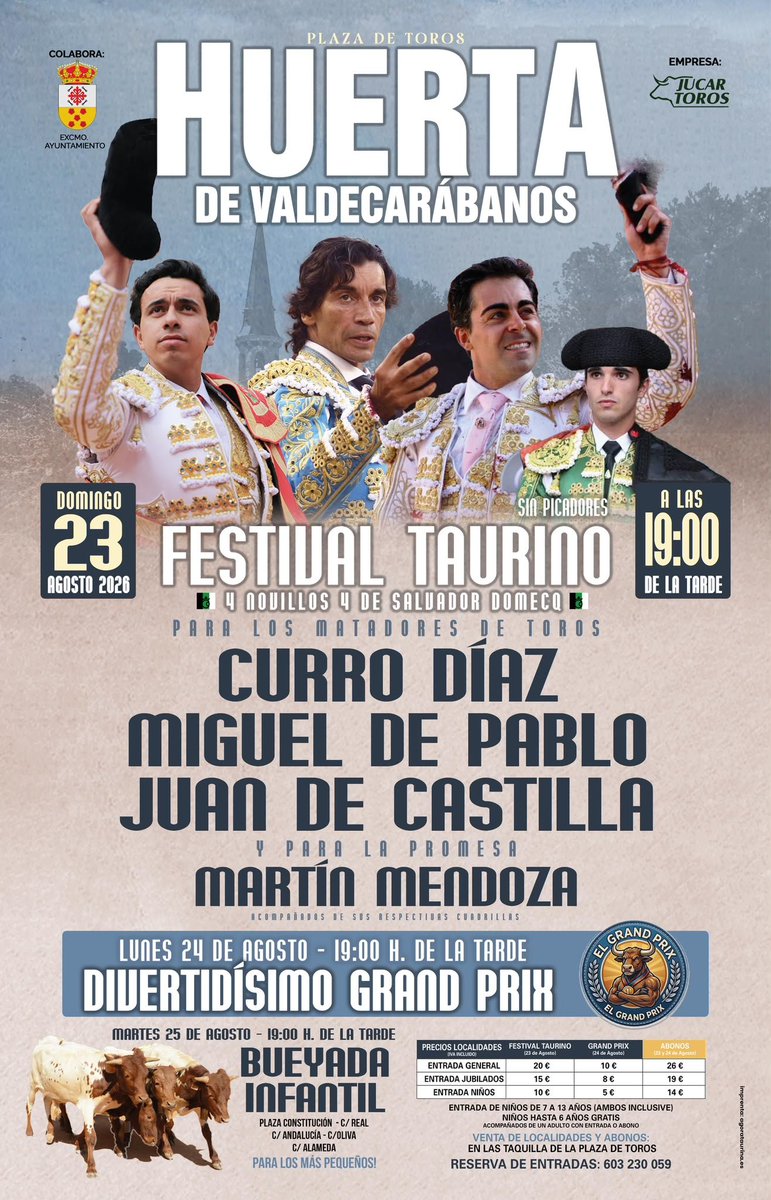 jucartoros's tweet photo. 🔴¡El festival de Huerta de Valdecarábanos ya tiene cartel!

🗓 23 de agosto.
⌚️19:00h.

⚔️ @CurroDiazOf 
⚔️ @infodePablo
⚔️ @JuandeCastilla
⚔️ Martín Mendoza

🐂 Salvador Domecq

🤘🏻Además, el 24 de agosto tendrá lugar un divertidísimo Grand Prix y el 25 una bueyada infantil. https://t.co/6fxNP3mMvl