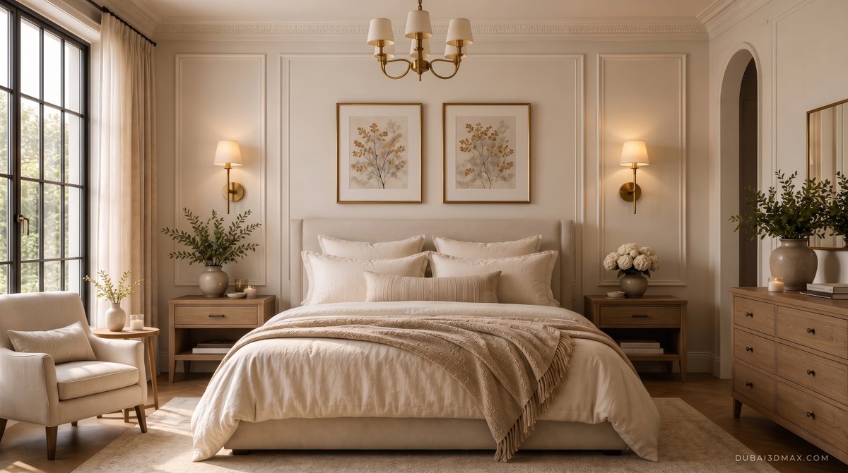 dubai_3dmax's tweet photo. Bedroom Design 6/12 | Warm Beige Modern Classic Bedroom
Bedroom Design 6/12 ✨

A timeless bedroom design featuring warm beige tones and elegant wall mouldings
Explore more:
 https://t.co/k993vuEWjc
#BedroomDesign #InteriorDesign #ModernClassic #LuxuryInteriors #HomeDecor https://t.co/XbbgOef4e4