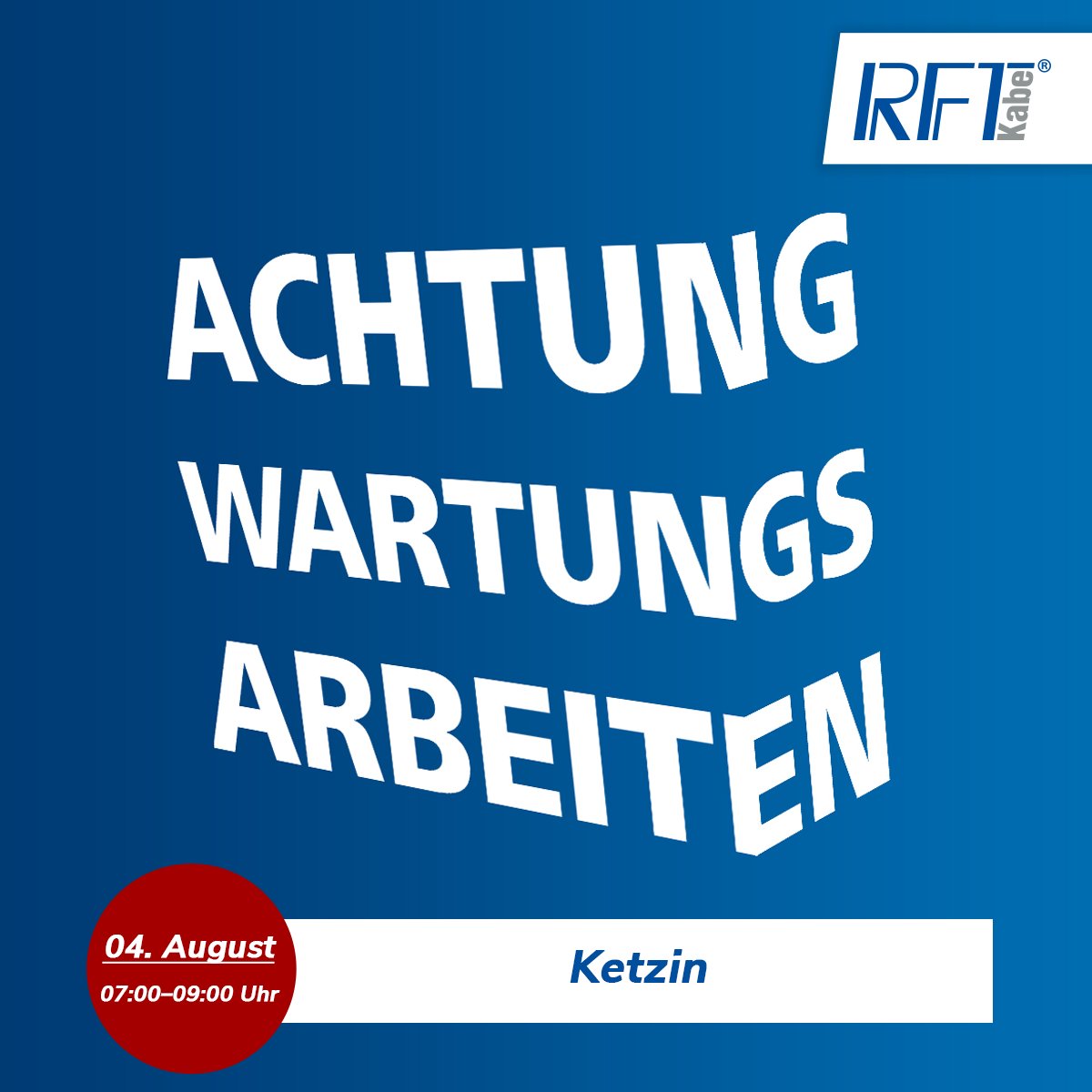 RFTkabel's tweet photo. ⚠️ #Wartungsarbeiten am 04.08.2026 i

📍#Ketzin
⏰ 7–9 Uhr
🏠  Albrechtstr., Am Stadtpark, Am Mühlenweg, Feldstr., K.-Liebknecht-Str., Parkring, Plantagenstr., Potsdamer Str., R.-Breitscheid-Str., Rathausstr., Th.-Fontane-Str.

Es kann Einschränkungen beim 📺, 🧑‍💻 + ☎️ geben. https://t.co/AcNaxoPrbX