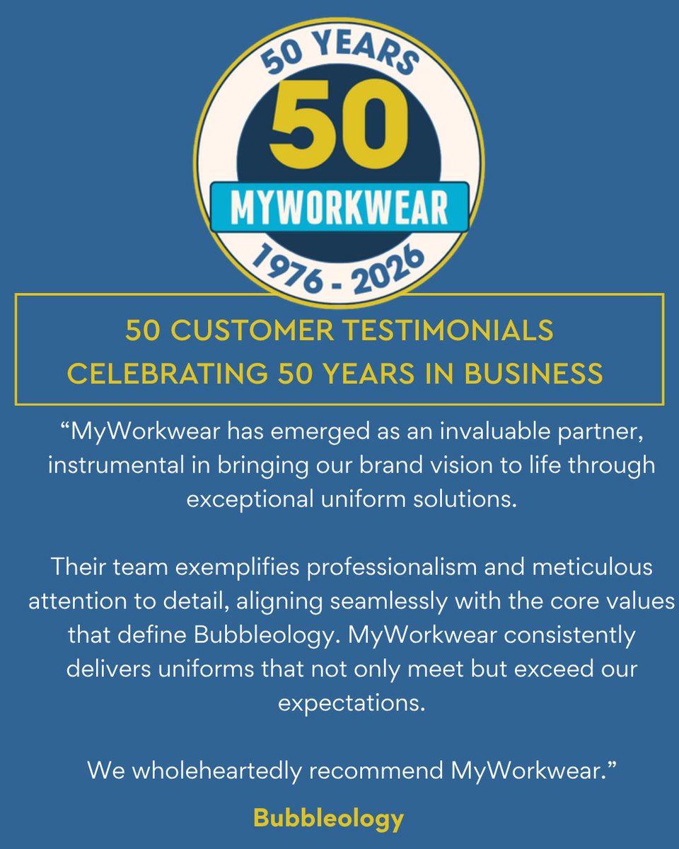 MyWorkwearCo's tweet photo. 50 Customer testimonials celebrating 50 years in business 💙

A huge thank you to @Bubbleology for sharing your testimonial and your experience working with us.

Learn more about Bubbleology: https://t.co/6gJJT3Axqo
Learn more about us: https://t.co/gdyhoGqlmi

#MyWorkwear https://t.co/IViZbVi5xe
