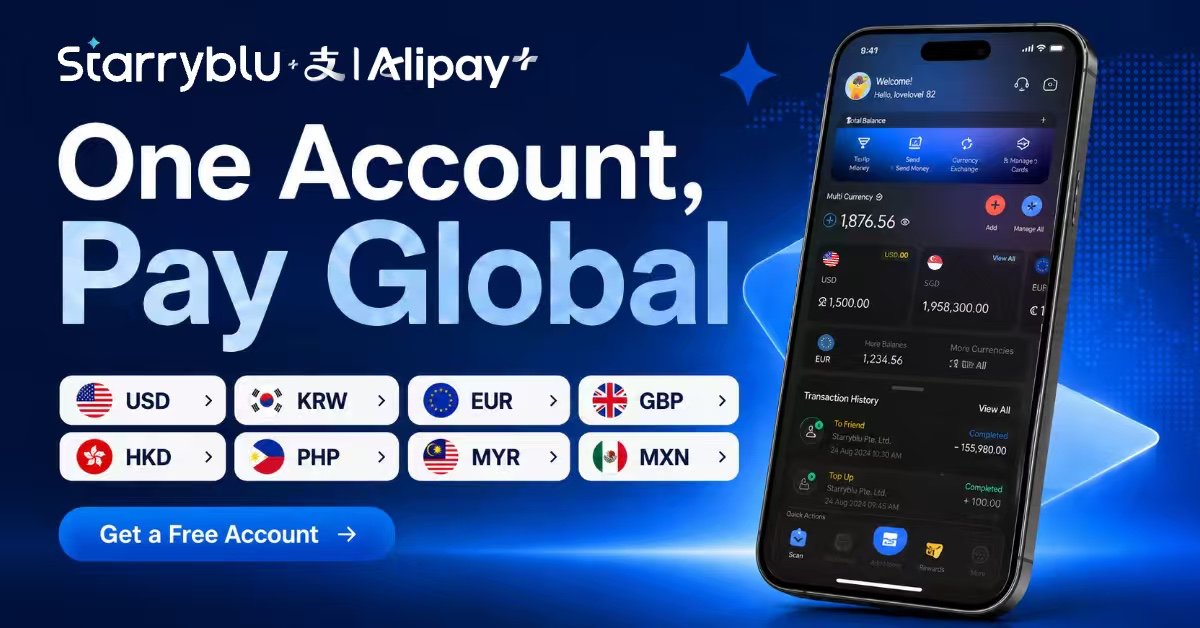 Starryblu_'s tweet photo. One Account, Pay Global! 🌍💳 

Manage multiple currencies seamlessly with Starryblu x Alipay+.

🔥 S$200M Mega Rewards: Enjoy random instant discounts on EVERY transaction, with a chance to get your purchase completely FREE! 🎉💰

Use MWQK001 at sign-up for a S$60 cash voucher. Try now: https://t.co/JurF6mz8Hc

#Starryblu #Alipay #PayGlobal #200MRewards #DigitalWallet #Fintech #GlobalPayments