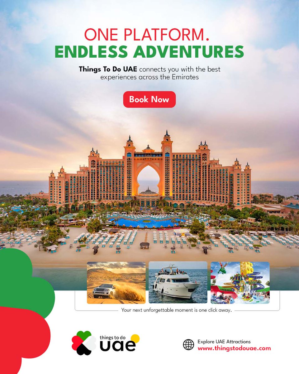 thingstodouae's tweet photo. ✨ One platform. Endless adventures. Whether it's skydiving, a heli-tour, or a quiet dinner cruise, Things To Do UAE connects you with the best experiences across the Emirates.
Your next unforgettable moment is one click away 👉 https://t.co/8YdXfgAzCG
#ThingsToDoUAE #ExploreUAE https://t.co/T7KIxrfI3i