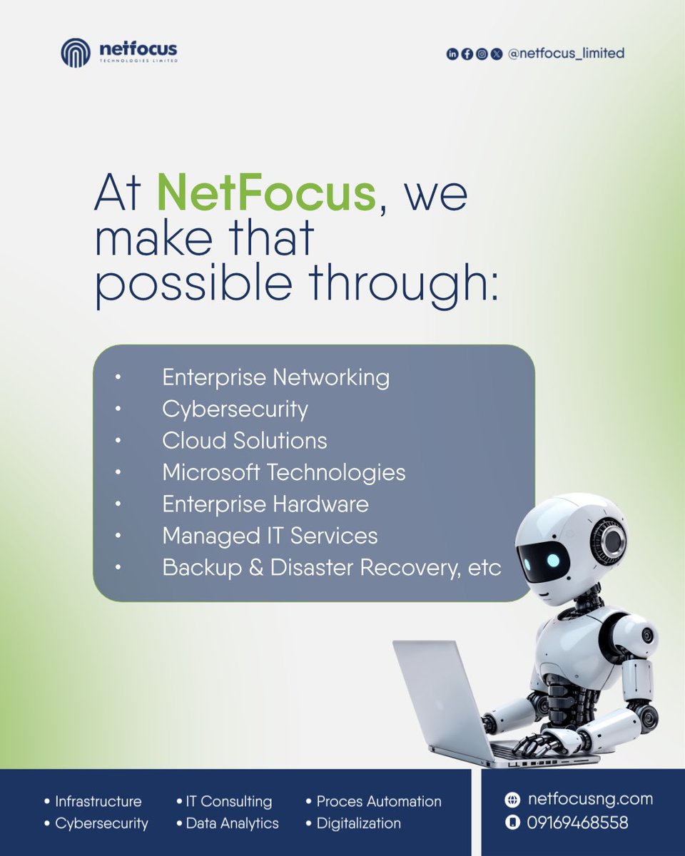 netfocuslimited's tweet photo. Technology should enable growth, not create complexity.

NetFocus help organisations design, deploy, and manage technology solutions that improve performance today while preparing for tomorrow.

Let’s build what’s next.
📩 info@netfocusng.com

#enterpriseit #digitaltransformation https://t.co/PVpg1x96DO