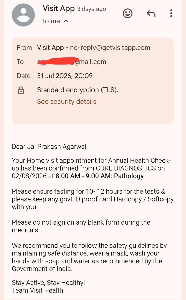 agrahul84's tweet photo. @TATAAIGIndia I have received the call from Tata Aig team and subsequently received call from Visit Heath for scheduling the checkup, but no one contacted me or came on the scheduled day. I am sharing the screenshot of the mail received. https://t.co/gSXXWnQrFQ