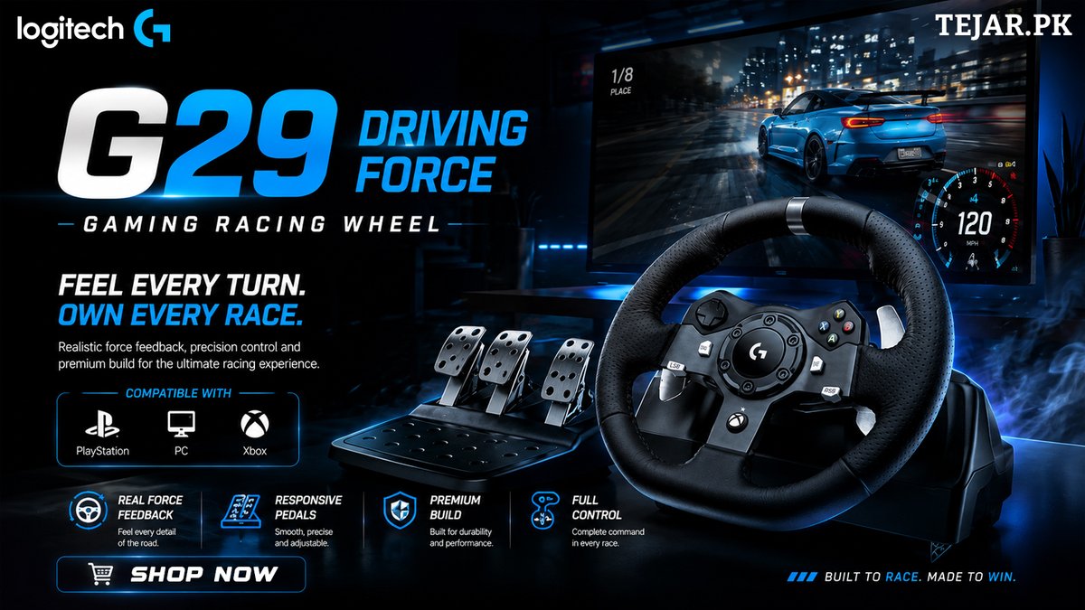 TejarPK's tweet photo. Feel every turn. Own every race. 🏎️🔥

Logitech G G29 Driving Force Steering Wheel & Pedals are now at Tejar!

✔ Realistic force feedback 🎮
✔ Precision wheel & responsive pedals 🏁
✔ Compatible with PlayStation & PC
✔ Perfect for sim racing
Shop now at Tejar.
#Tejar #LogitechG #G29 #DrivingForce #SimRacing
