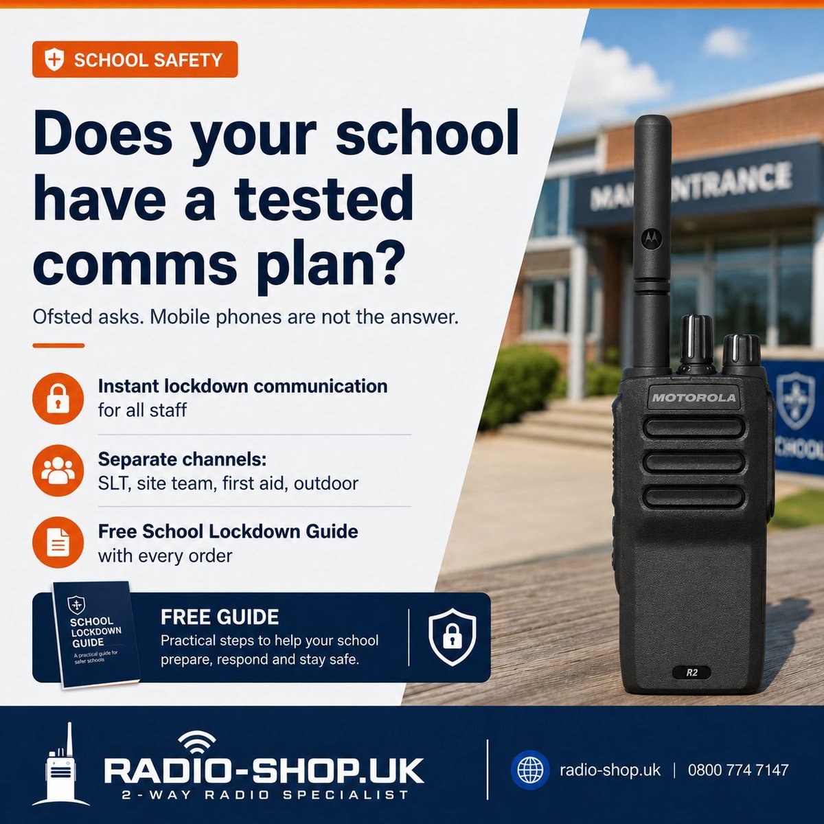 Radioshopuk's tweet photo. September is coming. Does your school have a tested communication plan?
Mobile phones aren't enough for lockdown situations.
We've set up radio systems for schools across the UK — and written a free guide 👇
https://t.co/dcwWxV5Hjl
#SchoolSafety #UKSchools #Safeguardingradio https://t.co/hGj6CUkqpa