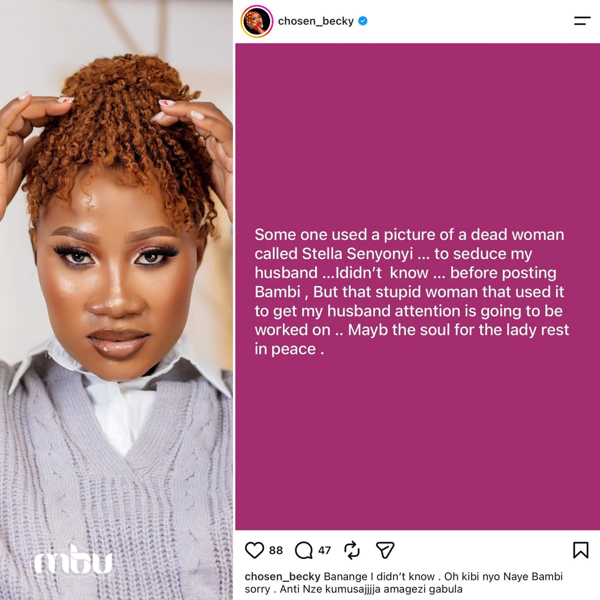 MBU's tweet photo. UPDATE: Chosen Becy retracts photos she had posted, exposing a woman allegedly asking for sex from her husband after netizens told her the photo of the woman she posted was of someone who perished in an accident weeks ago 🙂‍↔️ https://t.co/MHmKJqI858