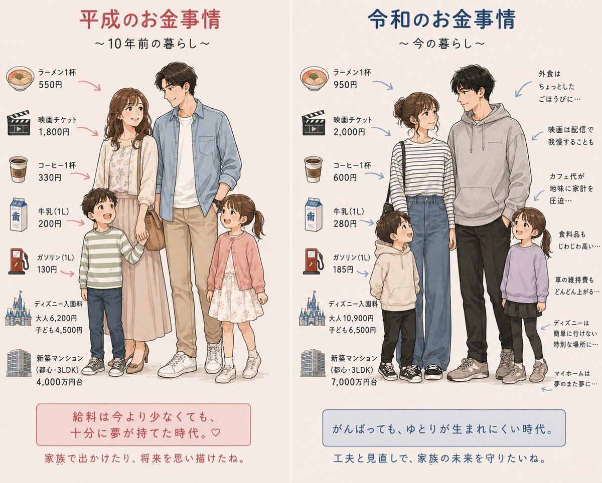 gin_sneaker's tweet photo. たった10年でこれだけ変わった！
物価上がっても給料上がらないのなんで？
←平成　　　　　　　　　令和→ https://t.co/G7LXHvjWqD