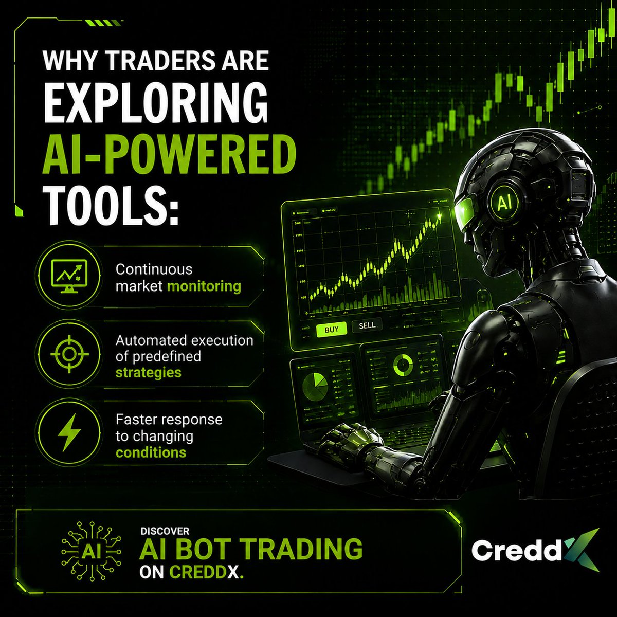 Creddx's tweet photo. Why traders are exploring AI-powered tools:
Continuous market monitoring
 Automated execution of predefined strategies
 Faster response to changing conditions
Discover AI Bot Trading on CreddX.
Join Telegram : https://t.co/Q4Bl9TkPlD
#Crypto #Innovation #AI #Web3‌‌ #trading https://t.co/oC1AS2D2uS