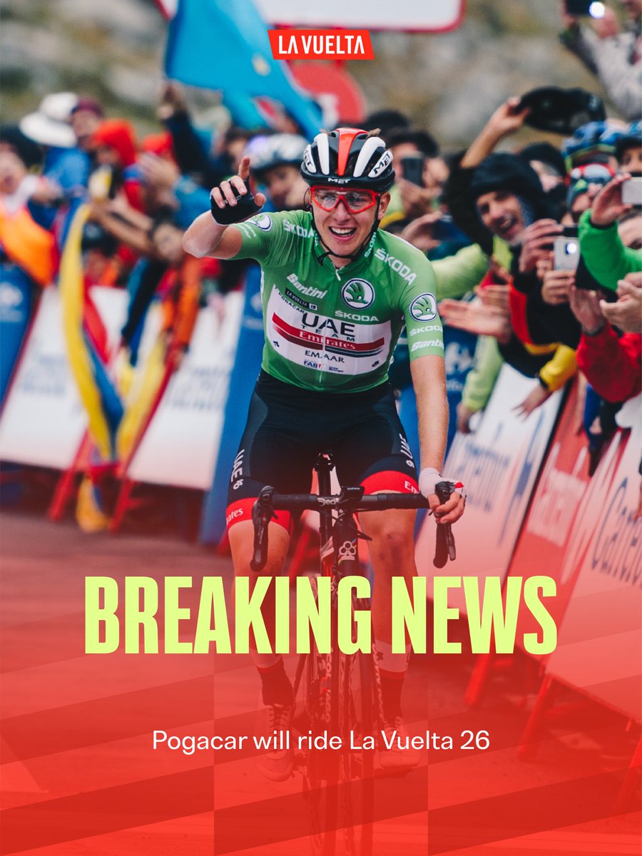 lavuelta's tweet photo. Pogacar is 𝗕𝗔𝗖𝗞 🔥

Pogacar está de 𝗩𝗨𝗘𝗟𝗧𝗔 🔥

#LaVuelta26 https://t.co/NuHmYRirEo