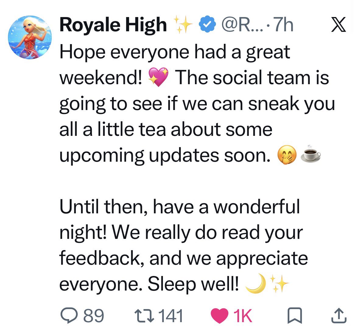 DailyRoyaleHigh's tweet photo. Royale High shares with us a message keeping us up to date about upcoming updates, they specifically mention they will see if they can share some tea.✨👑
What do you think? https://t.co/jsTNNZ1AQI