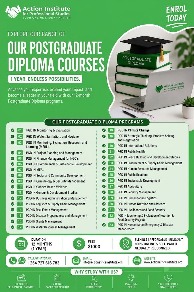 ActionAfr's tweet photo. Advance your expertise with our Postgraduate Diploma Programmes
✅ Flexible Online Learning
✅ Globally Recognized
📅 12 Months
💰 $1000
📞 +254 727 616 783
🌐 https://t.co/JWMTGz912t
✉️ info@actionafricainstitute.org
#PostgraduateDiploma #CareerGrowth #ProfessionalStudies https://t.co/M627DzVSaF