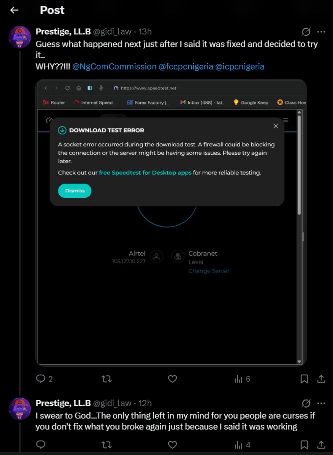 gidi_law's tweet photo. @O6_21_70 @AirtelNigeria Fr man
Look at these bastards
I complained for over two weeks, and when they finally fixed it and I confirmed it, next thing they did was throttle it again https://t.co/DtQSSY2v3w