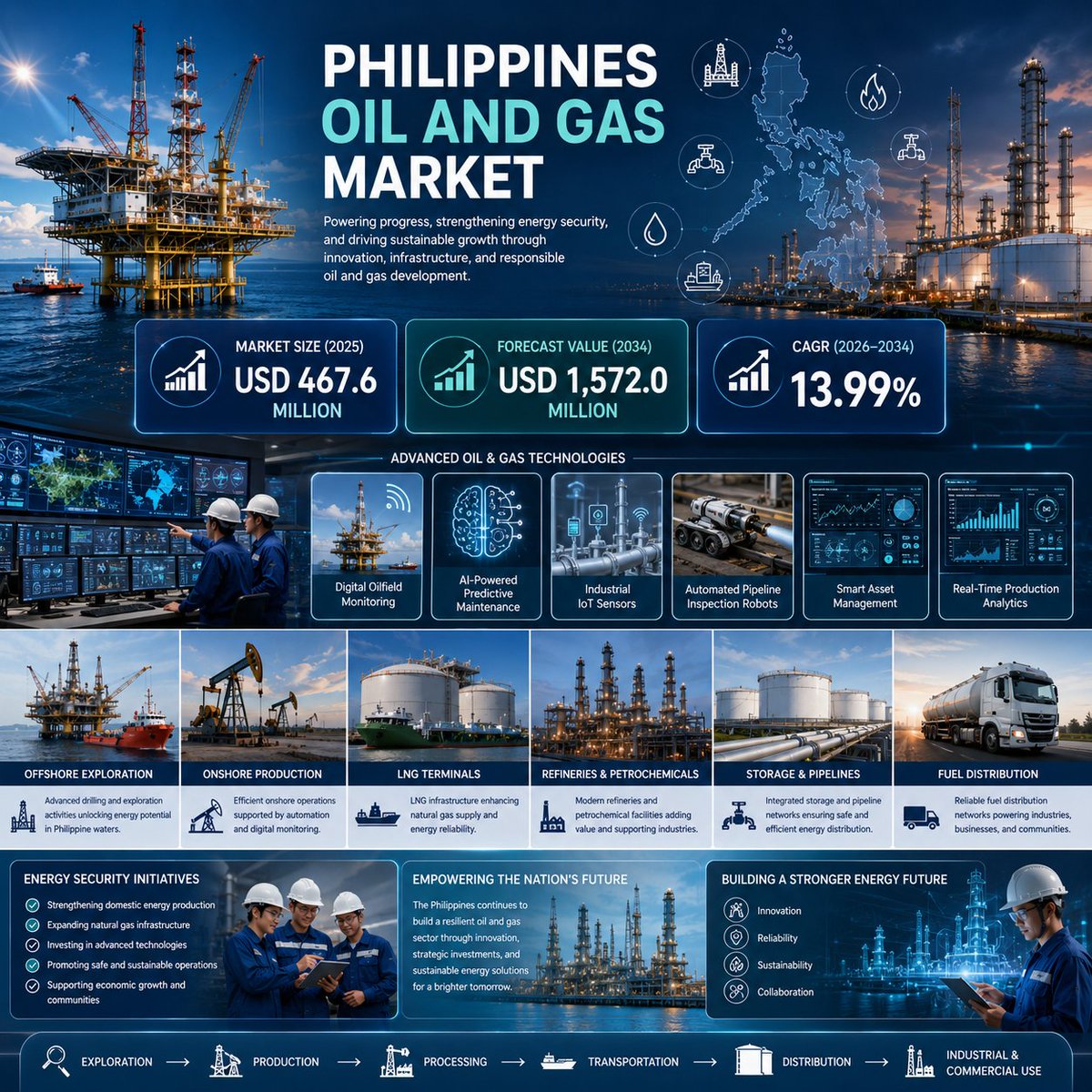 marketsizeinfo's tweet photo. The Philippines oil and gas market size reached USD 467.6 Million in 2025. The market is projected to reach USD 1,572.0 Million by 2034, exhibiting a growth rate (CAGR) of 13.99% during 2026-2034.

Browse the full report: https://t.co/A5Ma9p71NL https://t.co/sdgltyvPJd