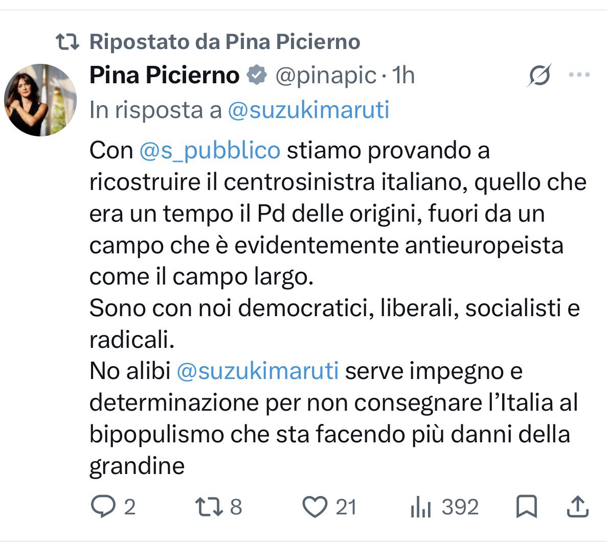 marattin's tweet photo. Nel ribadire la stima per @pinapic - donna coraggiosa e capace - non possiamo però fare altro che ripetere quello che fin dall’inizio abbiamo detto in ogni sede pubblica e privata, in totale trasparenza e coerenza.

Al @Partito_Libdem non interessa “ricostruire il centrosinistra italiano”.

Interessa costruire uno spazio in cui le politiche liberali possano vivere senza essere considerate una bestemmia in chiesa; uno spazio lontano anni luce da conservatorismi e populismi di ogni ordine e grado. 

Di metterci al tavolo con la sinistra Pd a cercare di fargli capire che no, magistrati e Cgil non hanno sempre ragione a prescindere (o che la spesa pubblica non serve a risolvere ogni problema italiano, e che il mercato non è il Demonio) anche no, grazie.

Abbiamo già dato.