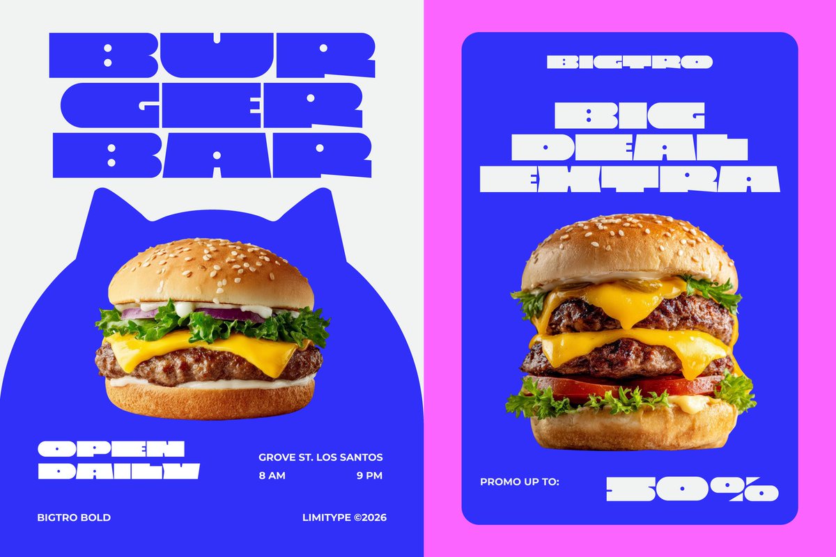 limitypefoundry's tweet photo. Think big. Design bigger.🔥
Meet BIGTRO, a super heavy display font packed with playful energy and bold geometric style. Make every headline impossible to ignore.
Free to Try: https://t.co/eZZg4U3dpj

#Boldfont #Displayfont #Font #Typedesign #Graphicdesign https://t.co/tYFjq1hdYO
